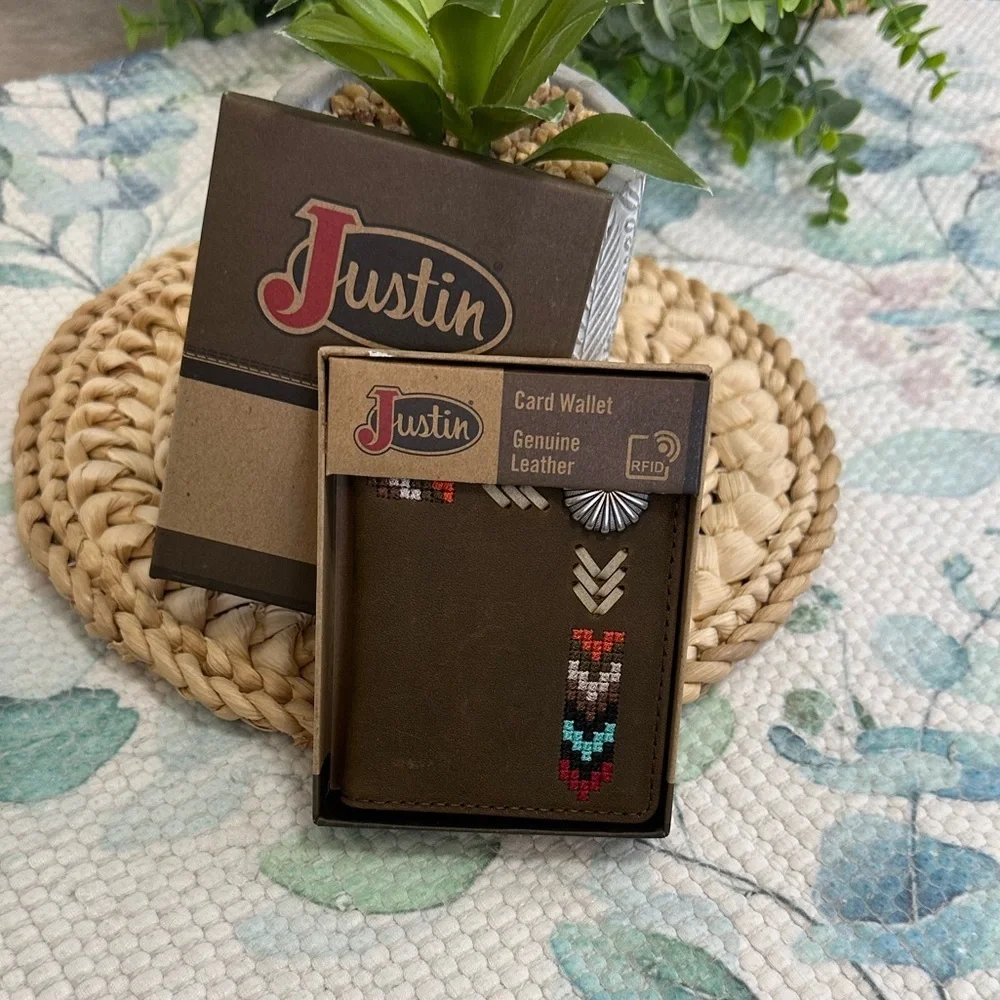 New Justin Boots Genuine Leather Card Wallet Tribal Western Colorful Embroidery